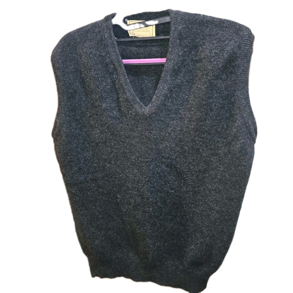 L.L. BEAN Sz L Vintage 100% Virgin Lambswool USA Dark Gray V-Neck Sweater Vest